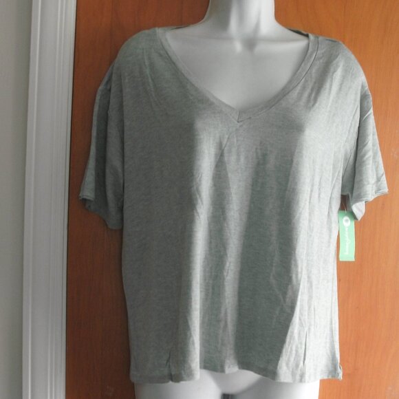 NWT Honeydew Gray Soft Knit Short Sleeve V Neck Open Tie Back Tee Shirt Top ~ L - Picture 1 of 2